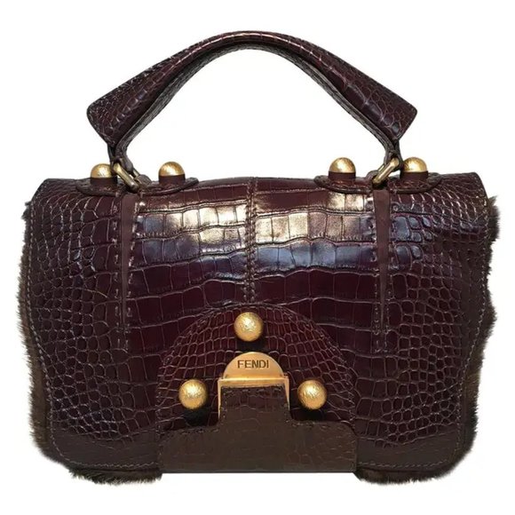 Fendi Handbags - Rare Limited Edition Fendi Brown Alligator and Mink Fur Satchel Handbag